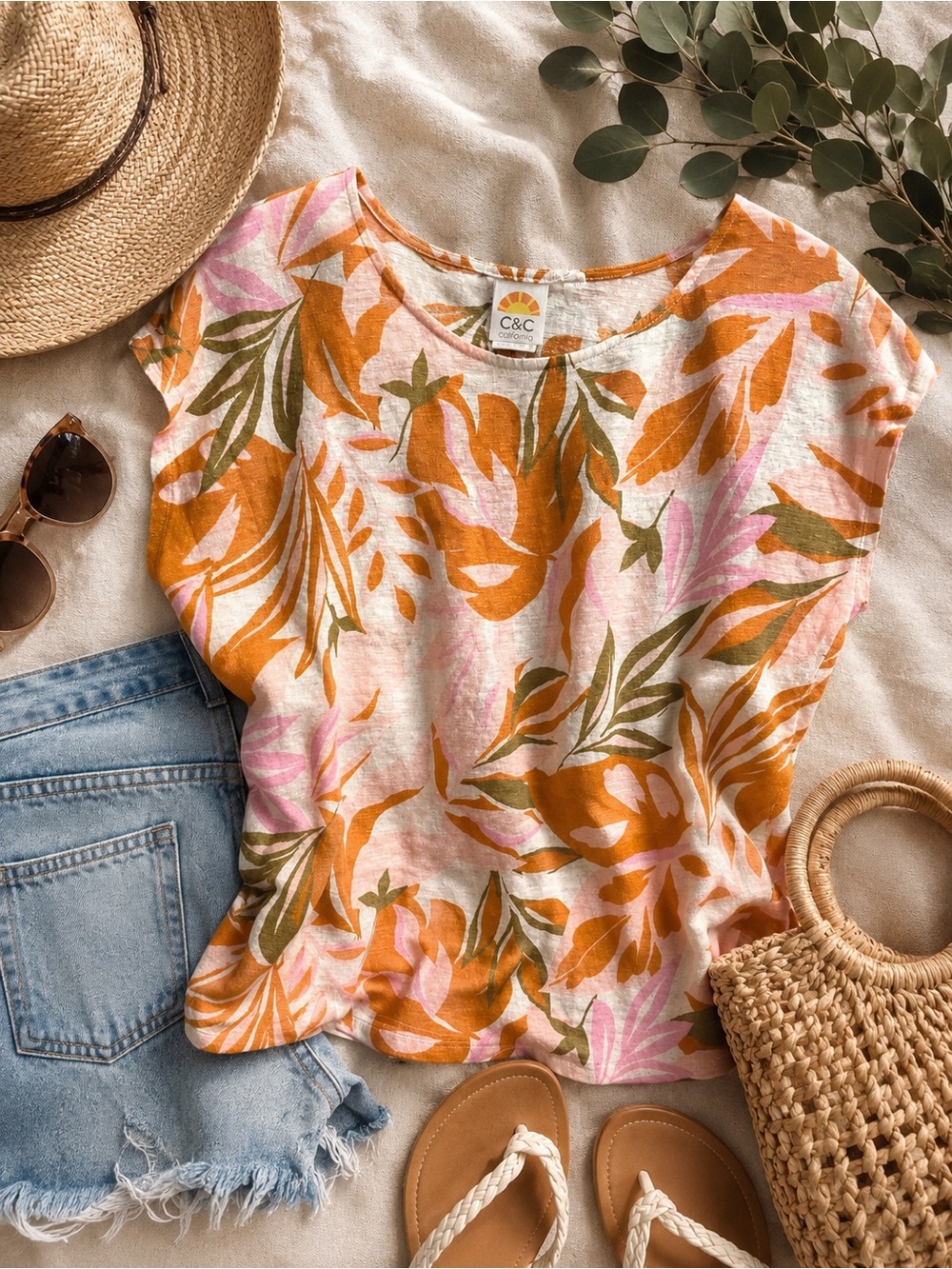 C&C California 100% Linen Tropical Print Top XL